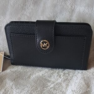 NWT Michael Kors Black Leather Wallet with Gold MK Logo